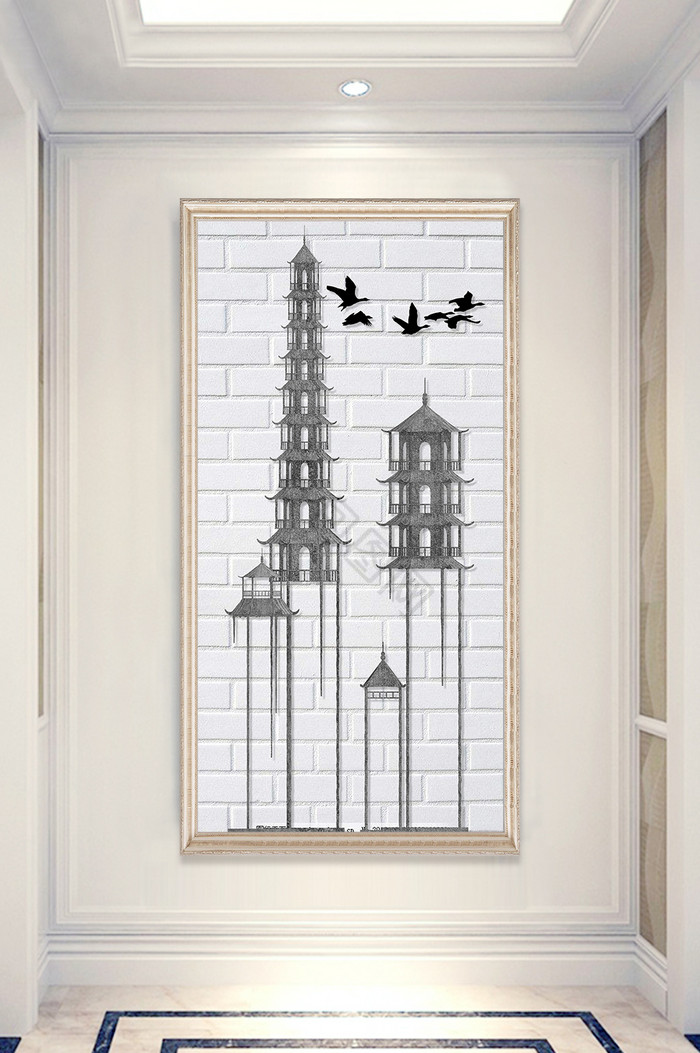 现代简约铁塔玄关装饰画图片
