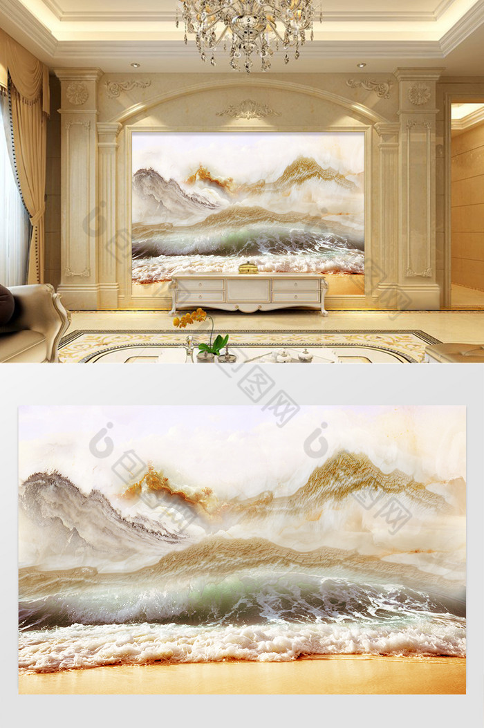 高清3D大理石纹山水花日出背景墙瀑布灵泉图片图片