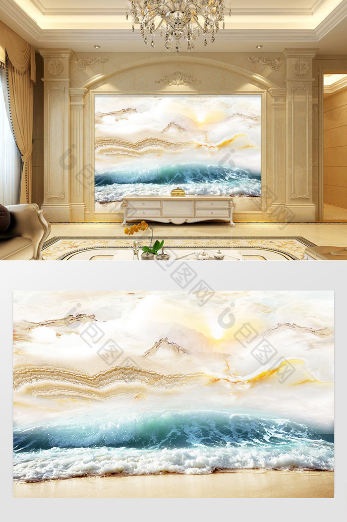 高清3D大理石纹山水花日出背景墙灵海止水图片图片