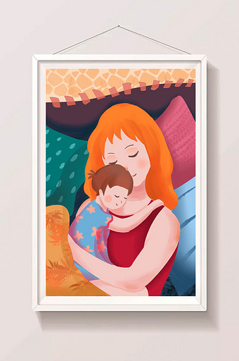 暖色睡眠母亲节孩子睡觉五彩床扁平噪点插画图片