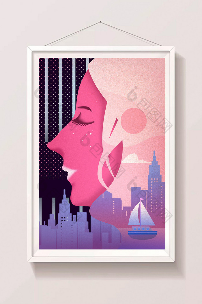 美式叠影城市夕阳女人平面海报色彩设计插画