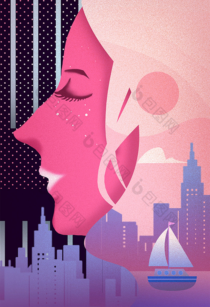 美式叠影城市夕阳女人平面海报色彩设计插画
