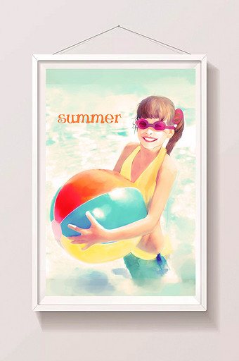 橙色阳光夏天游泳女孩插画图片