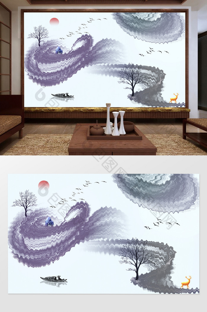新中式山水波浪中国风客厅电视背景墙