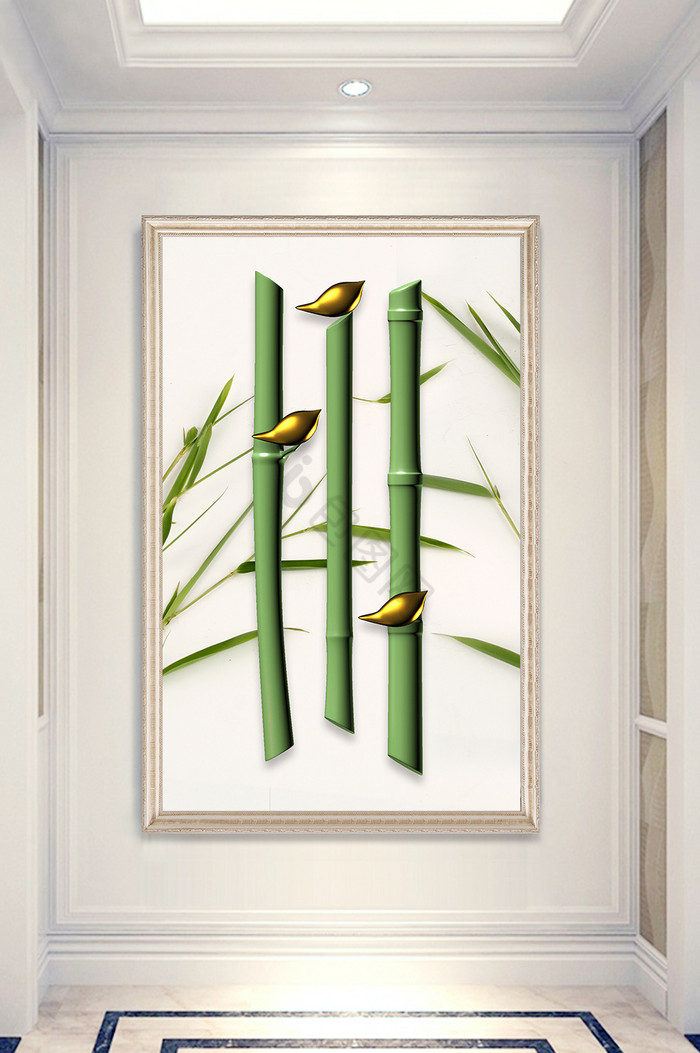 新中式简约3D竹子小鸟玄关装饰画图片