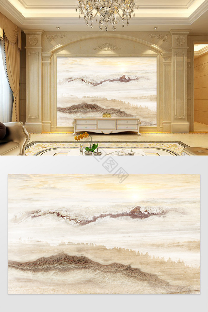 高清3D大理石纹山水花日出背景墙流线之美图片