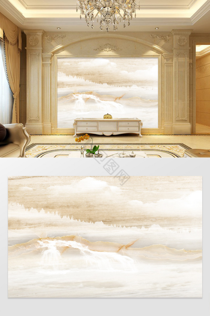 高清3D大理石纹山水日出背景墙山水倒影图片