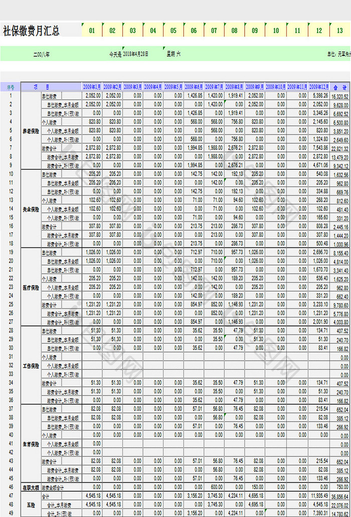 社保缴费月汇总表excel模板