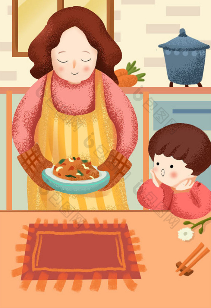 暖色厨房家庭妈妈母亲节孩子食物做饭幸福