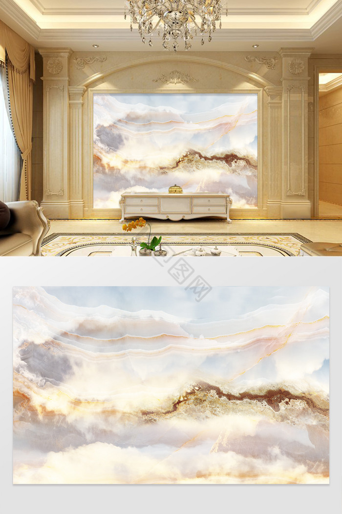 高清3D大理石纹山水花日出背景墙云海之美图片