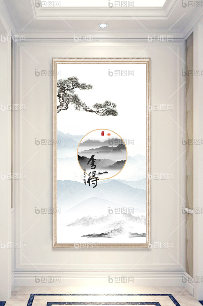 中式迎客松山水墨画玄关背景图-中式迎客松山水墨画玄关背景图效果图-【包图网】