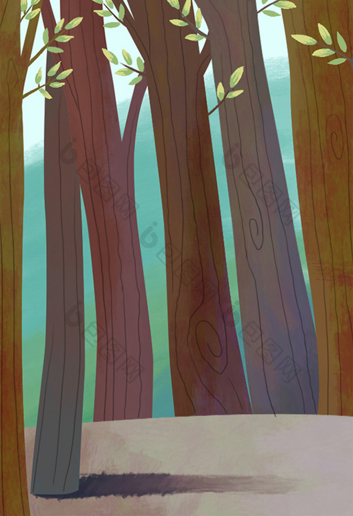 水彩手绘大树树林