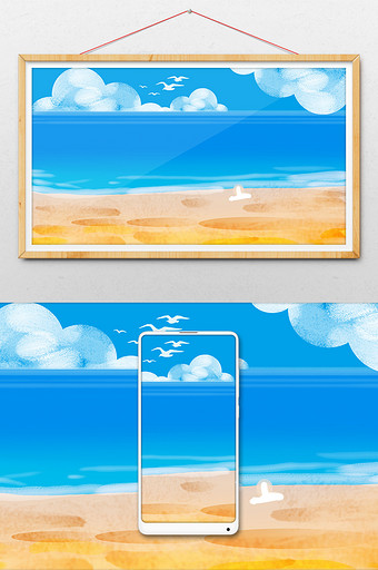 水彩花沙滩蓝天大海图片