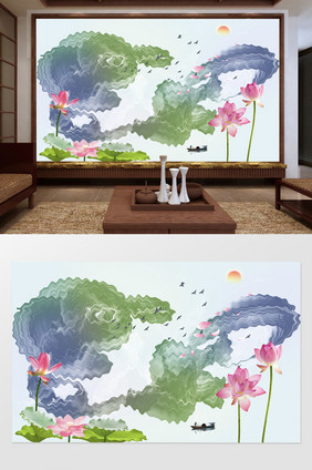 新中式山水彩色波纹荷花中国风客厅背景墙