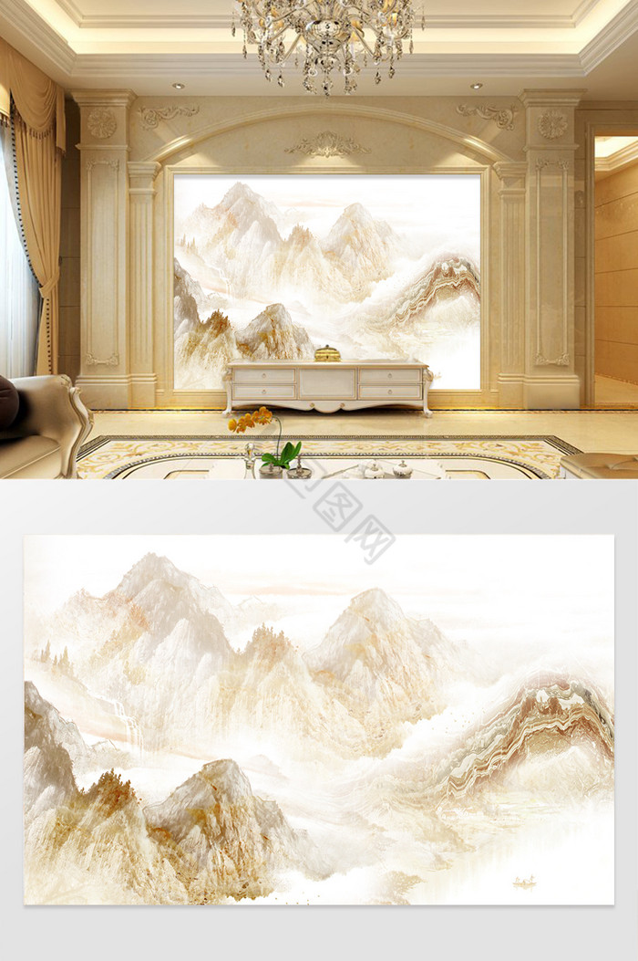 高清3D大理石纹山水花日出背景墙水墨山河设计图片