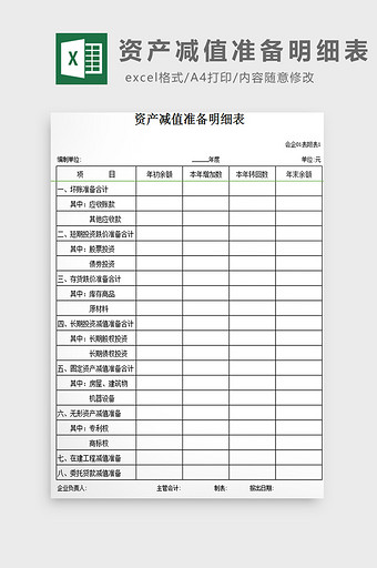 资产减值准备明细表excel模板图片