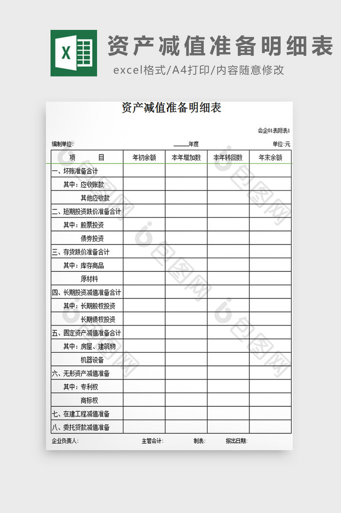 资产减值准备明细表excel模板