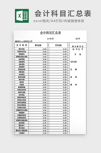 会计科目汇总表excel模板图片