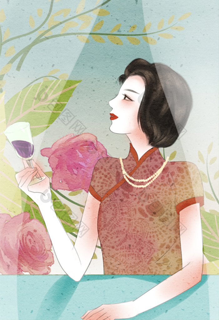 旧上海旗袍女性插画