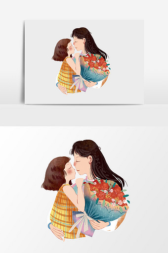 手绘水彩母亲女儿花束插画元素图片