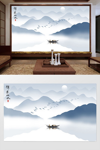 新中式抽象山水背景装饰画图片