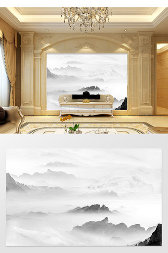 高清3D大理石纹山水花日出背景墙仙境画卷图片