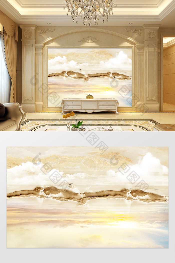 高清3D大理石纹山水花日出背景墙云海日光图片图片