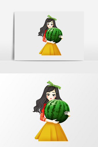 手绘卡通抱西瓜的少女图片