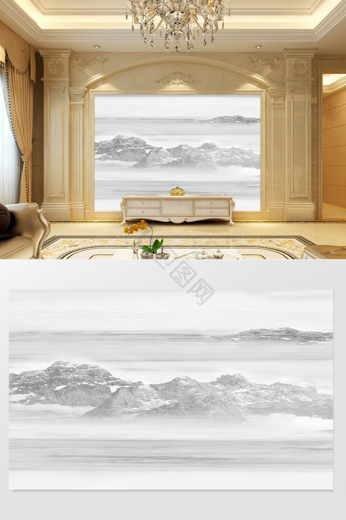 高清3D大理石纹山水花日出背景墙山影图片