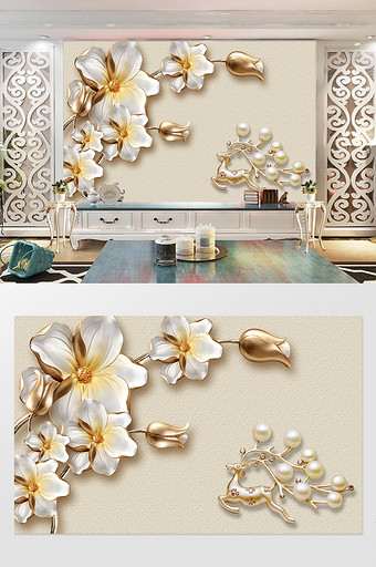3d立体金色郁金香珍珠麋鹿背景墙图片