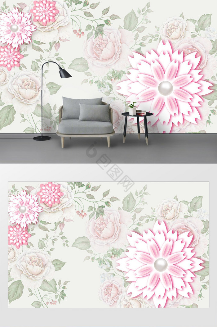 3d立体粉色浪漫花朵珍珠背景墙图片
