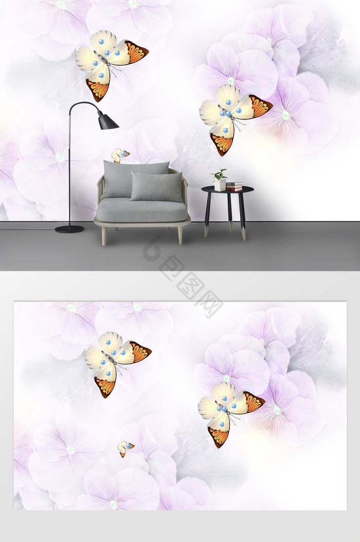 唯美粉紫色花瓣钻石蝴蝶背景墙图片