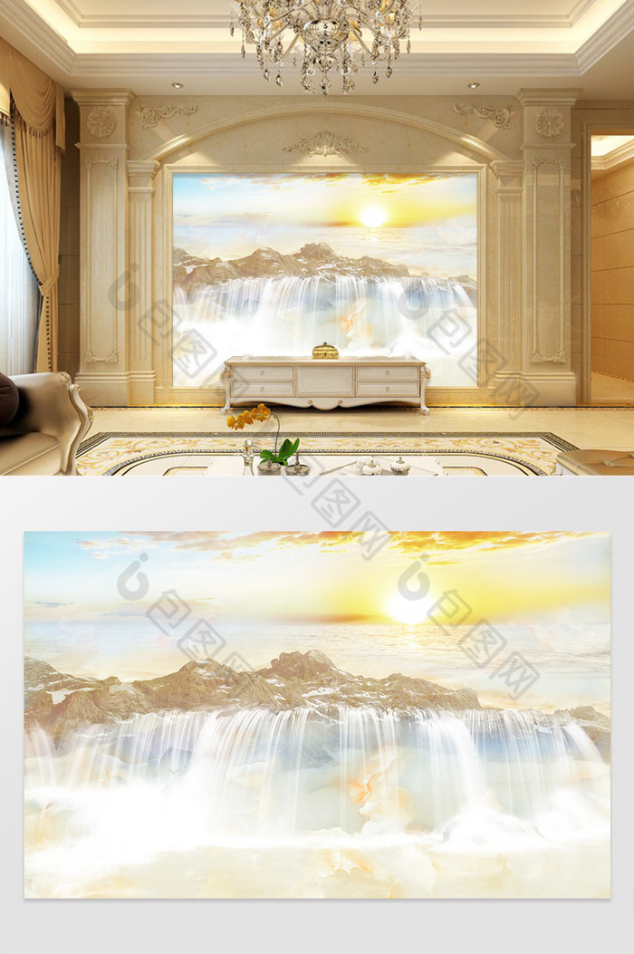 高清3D大理石纹山水花日出背景墙出山瀑布图片图片
