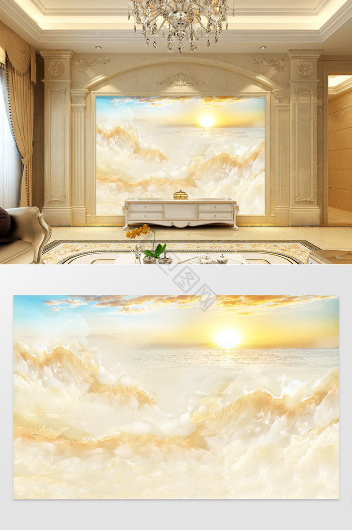 高清3D大理石纹山水花日出背景墙海上日出图片