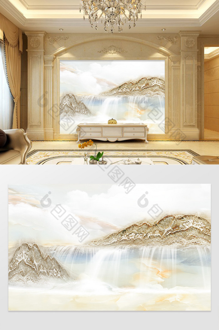 高清3D大理石纹山水花日出背景墙清泉山歌图片图片