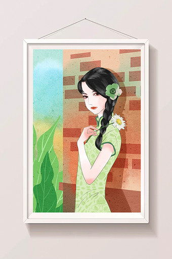 中国风民国旗袍少女插画图片