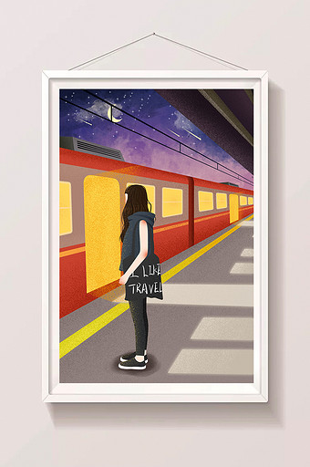星空下城市一个人的地铁插画图片
