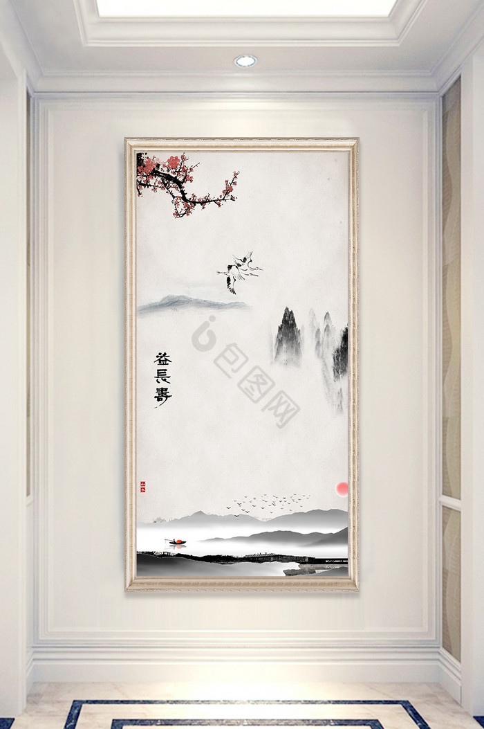 中式梅花山水玄关背景图图片