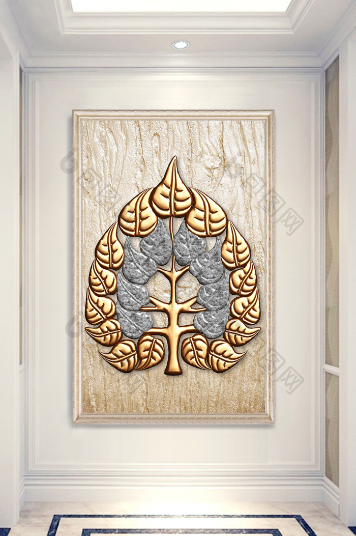 现代简约东南亚风格3d浮雕叶子玄关装饰画