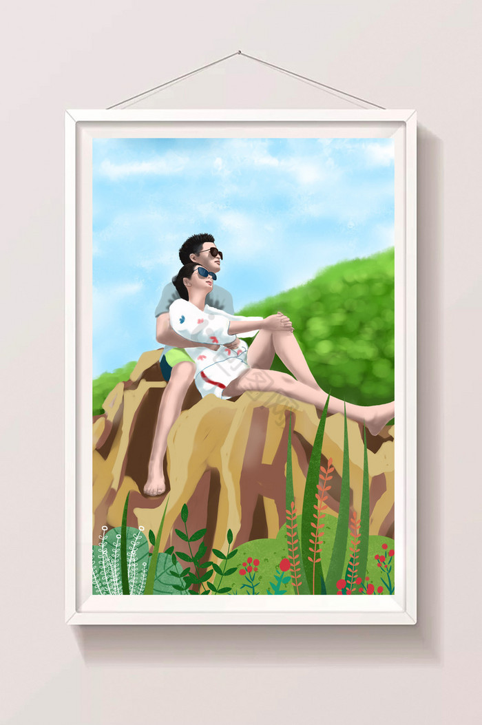 山崖风景情侣拥抱旅行梦幻插画图片