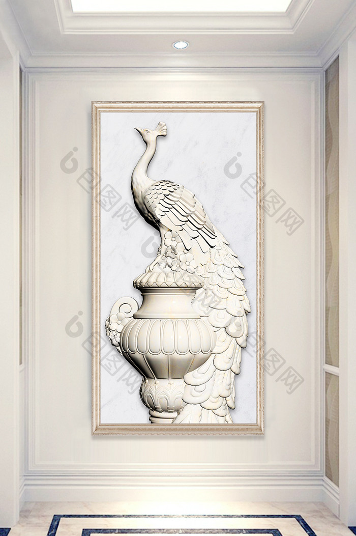 3D浮雕石膏雕塑立体孔雀玄关装饰画