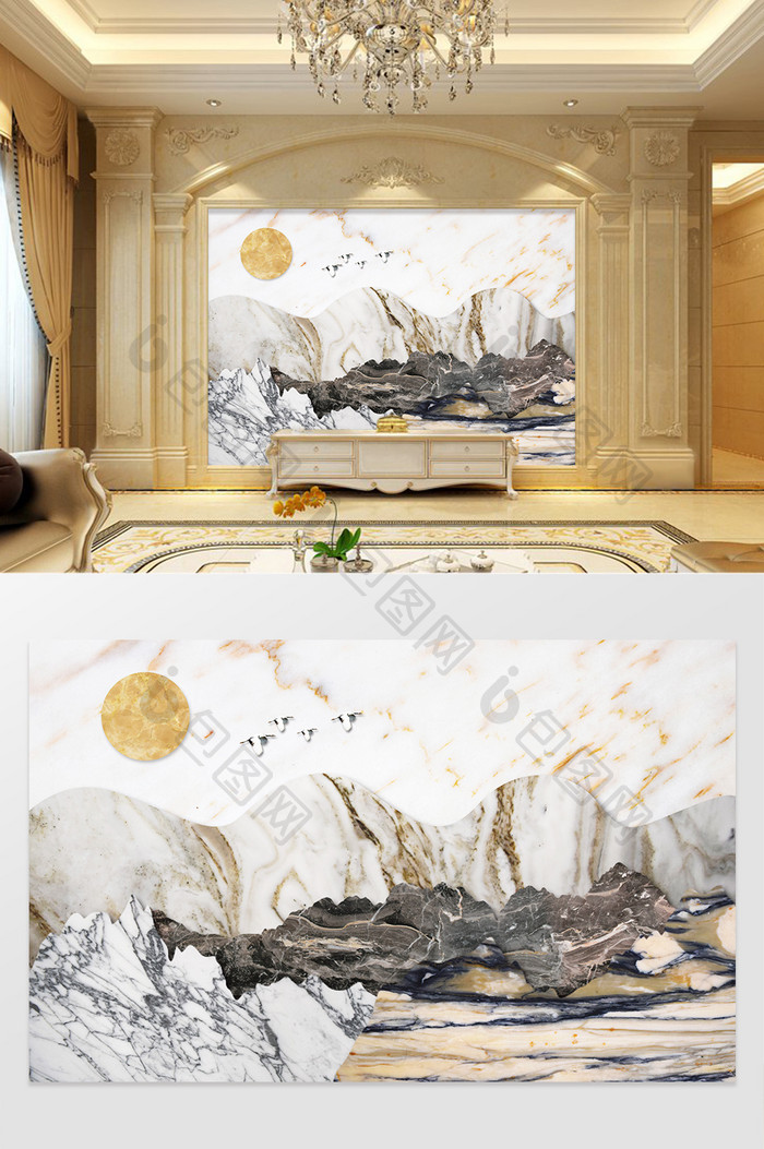 新中式抽象意境山水大理石石纹电视背景墙