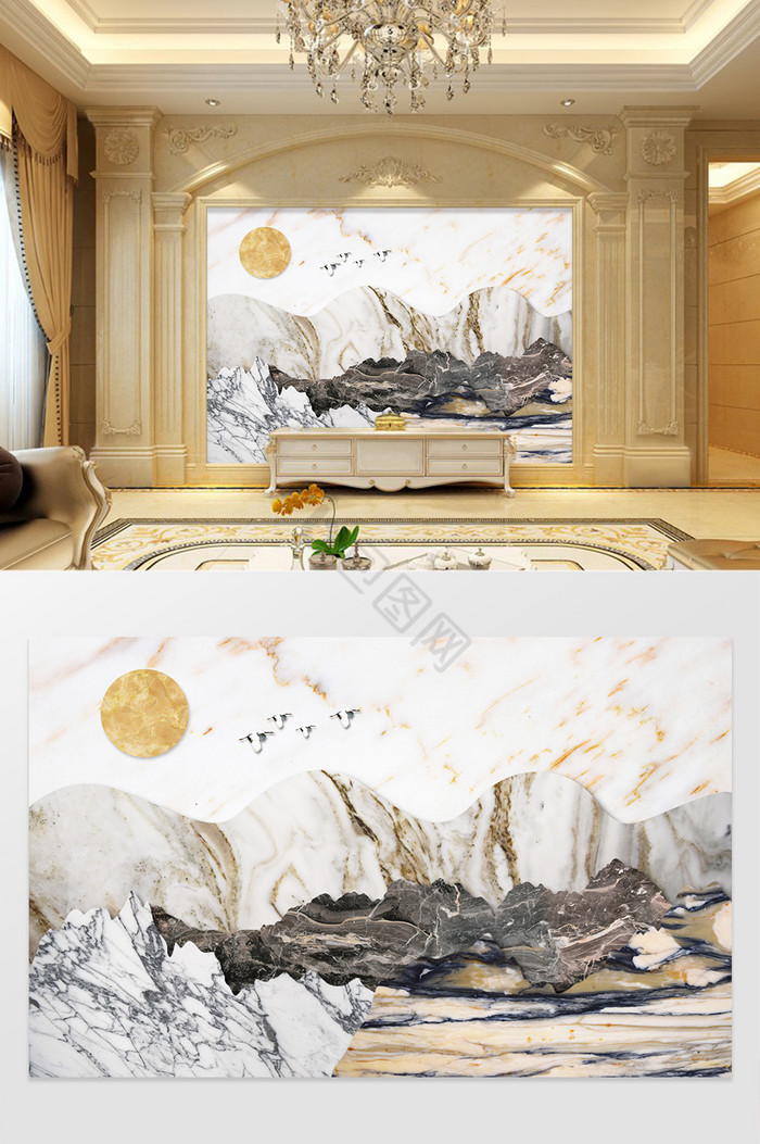 新中式抽象意境山水大理石石纹电视背景墙图片