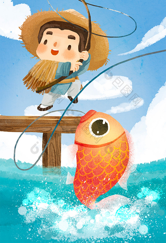 清新中国风钓鱼二十四节气夏天夏至插画设计