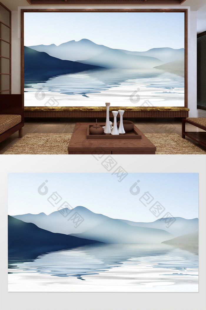 新中式手绘山水电视背景墙