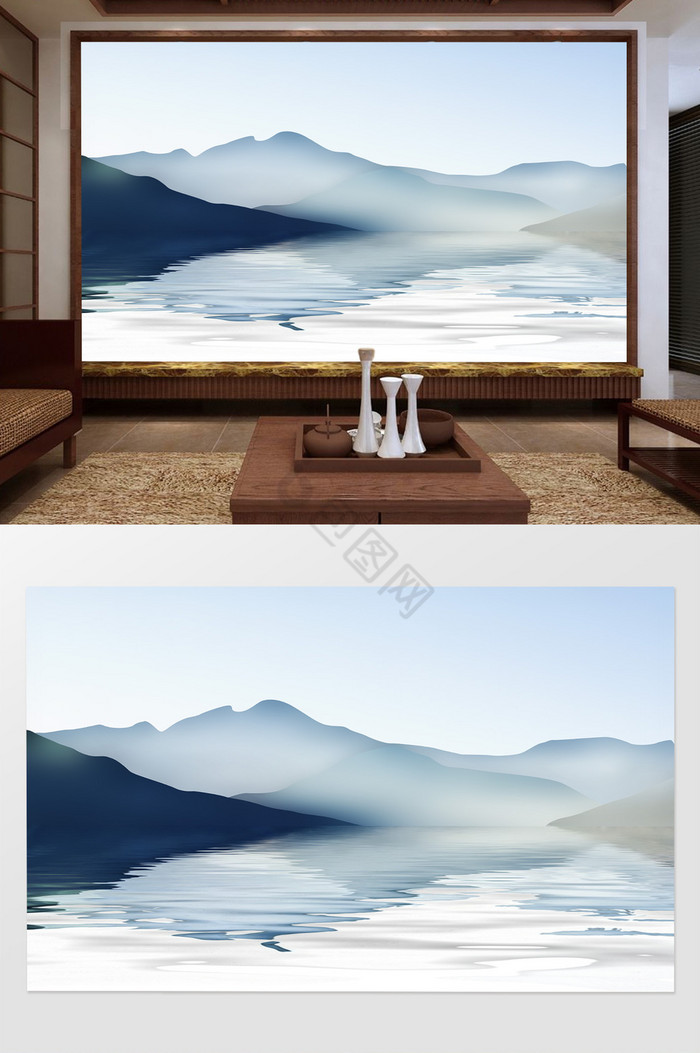 新中式手绘山水电视背景墙图片