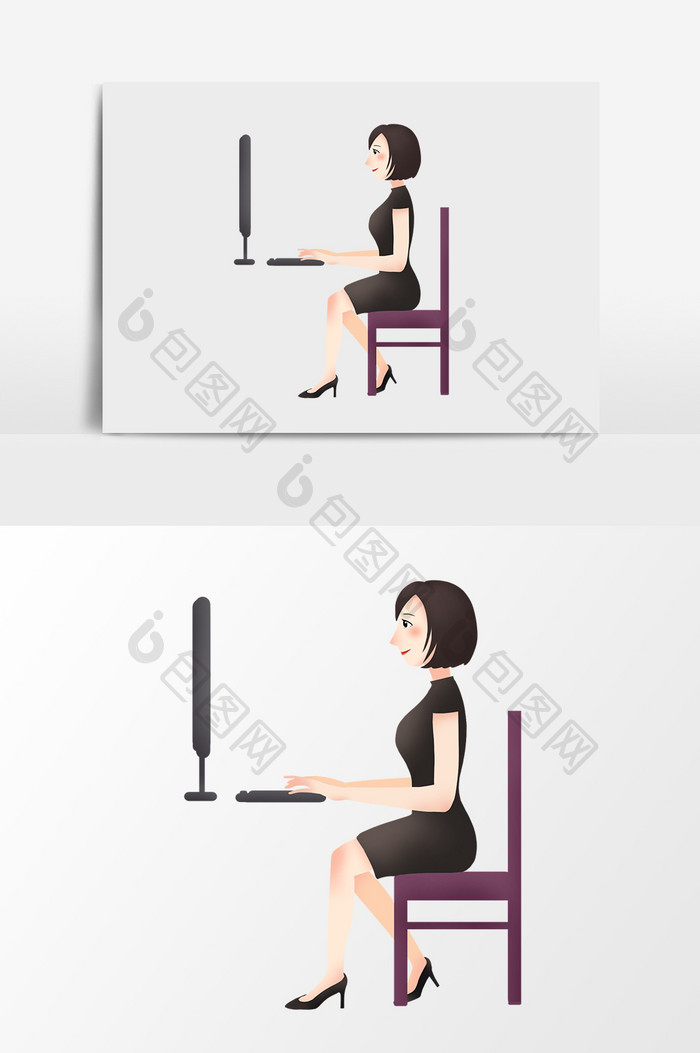 手绘卡通用电脑办公的职业女性