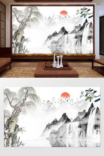 中国风中式水墨山水电视背景墙图片