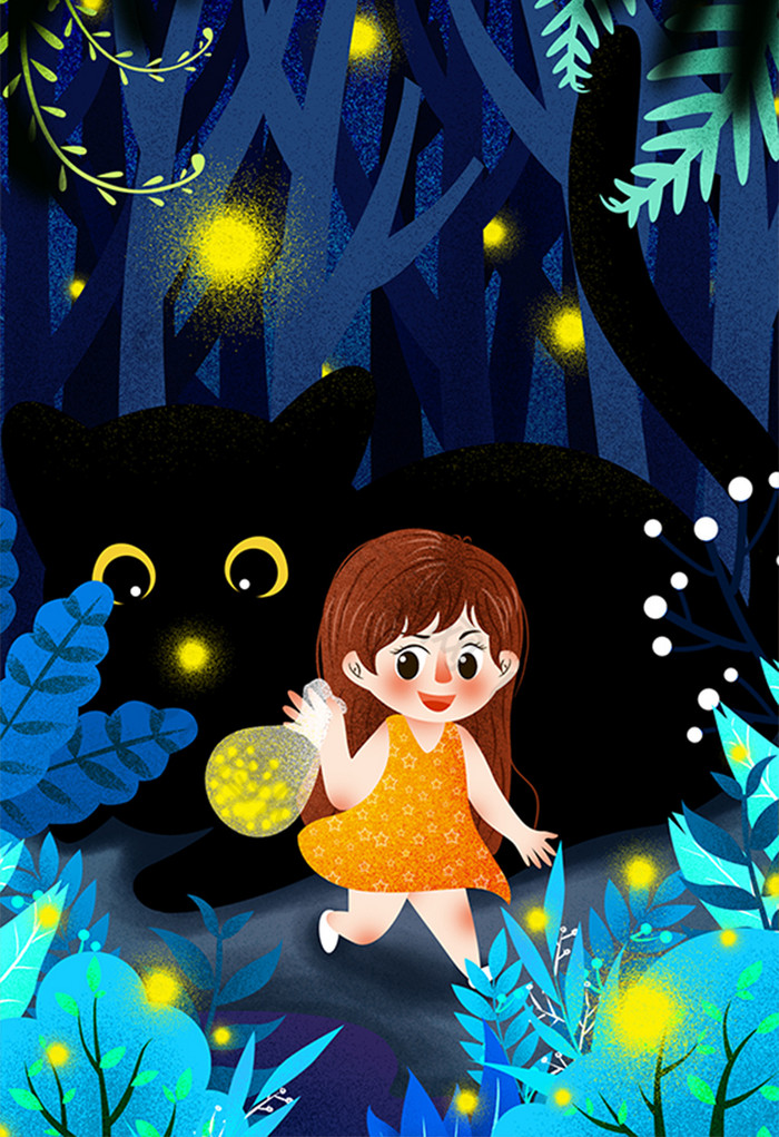 梦幻夏日夏季夏至少女捕捉萤火虫插画图片