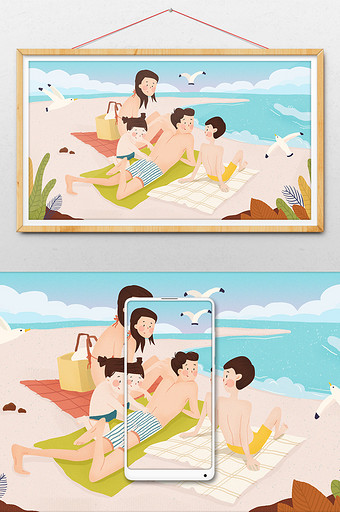 唯美清新夏天海滩亲子活动夏至小暑大暑插画图片